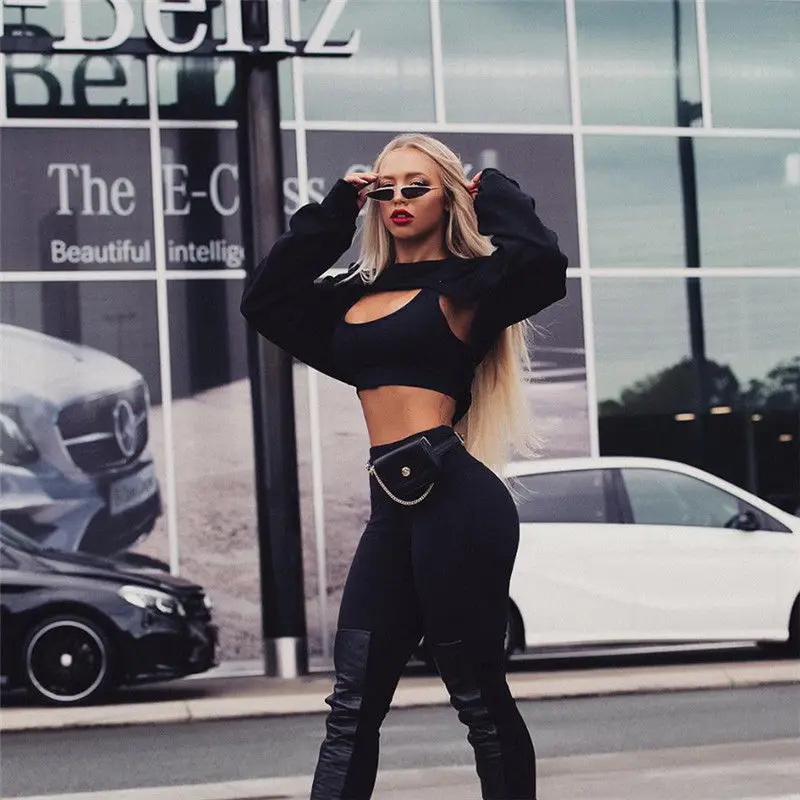 Short Sweatshirts Women Autumn Long Sleeve Black White Sweatshirt Fashion Crop Top Jacket Jumper Pullover Tops | Женская одежда
