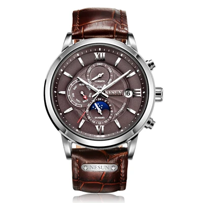 silver-brown-leather Nesun автоматические механические часы для мужчин люксовый бренд водонепроницаемые часы из нержавеющей стали Элитный бизнес стиль подарок для мужчин скелет - Цвет: silver-brown-leather