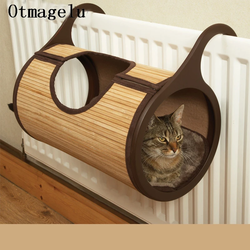 Natural Bamboo Radiator Cat Bed Home Tent Cat Tunnel Toys Hanging Wall Cat House Mat Habitat Cat Scratch Board Toys Pet Products
