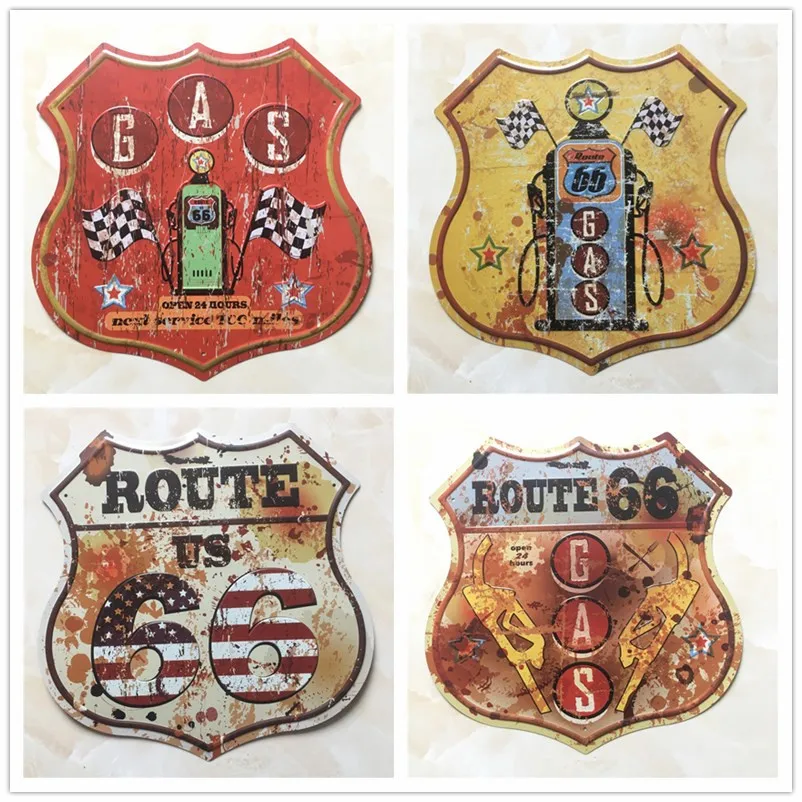 

Route 66 Shield Shape Vintage Metal Signs Signboard For Gas Station Garage Retro Plaque Decorative Painting Plate 30.5*30CM D001