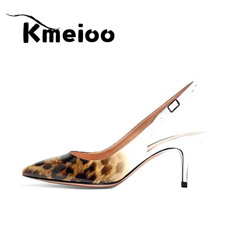 Leopard White-patent Kmeioo/пикантные женские туфли-лодочки с леопардовым принтом на тонком каблуке, женская обувь для вечеринок, Брендовые женские туфли-лодочки с острым носком и ремешком на щиколотке, большие размеры - Цвет: Leopard White-patent