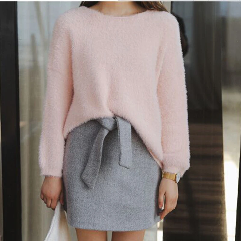 2019 Autumn and Winter Imitation Mink Cashmere Sweater Women Korean Drop-shoulder Loose Knitted Pullover Pink White Crop Tops | Женская