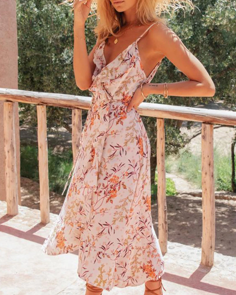Для женщин Boho Цветочный принт вечерние короткий рукав платье на бретельках с v