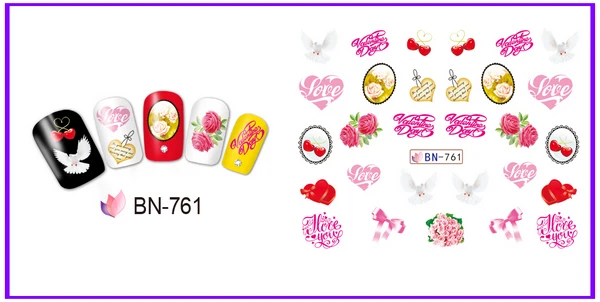 UPRETTEGO 12 упак./лот переводка NAIL ART Наклейки для ногтей на День святого Валентина свадьбы Kiss Bear сладкое сердце чашка любовь BN757-768