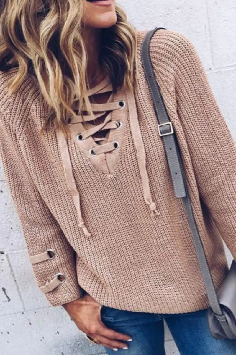 Autumn Winter Long Sleeve Knitted Women Sweater Lace Up V Neck Pullover Jumpers Casual Loose Knitwear New |