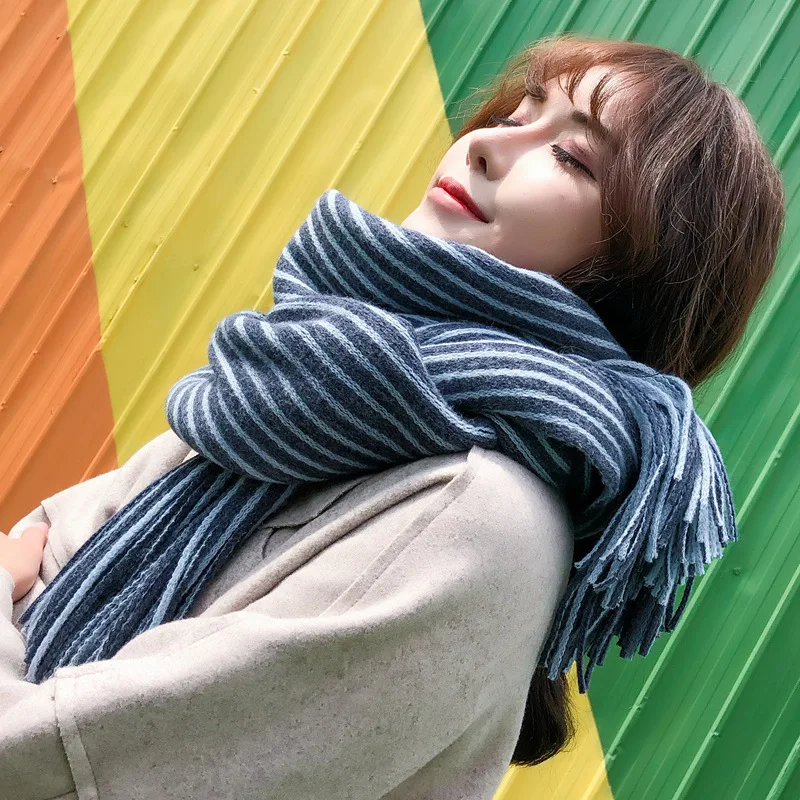 Зимний длинный шарф смешанных цветов универсальный теплый толстый полосатый
