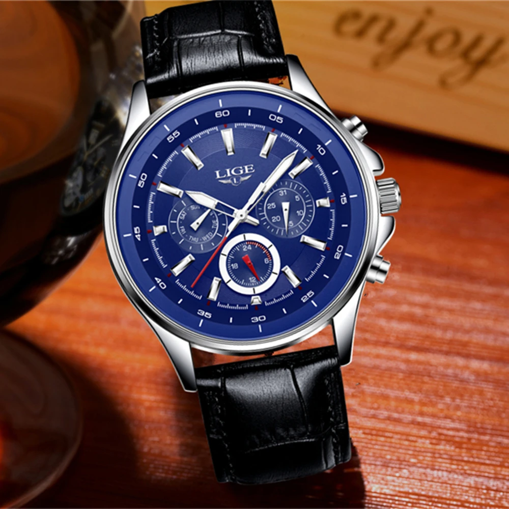 LIGE брендовые популярные мужские наручные часы кварцевые кожаные