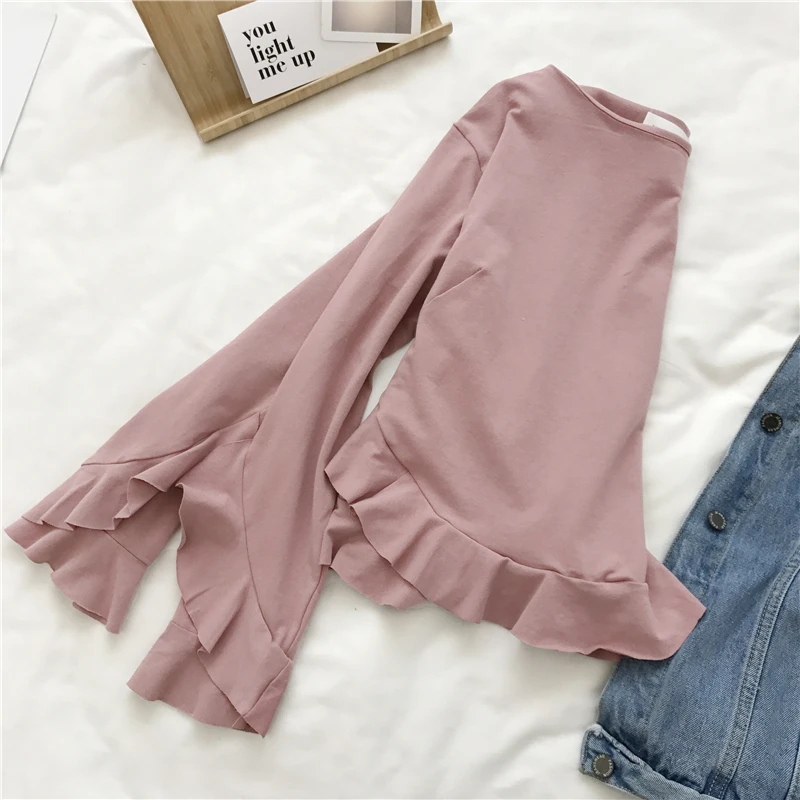 Eleindole Hotsale Мода Женщины Тис Solid Оборками Рукавом О Шеи Футболки Плюс Размер