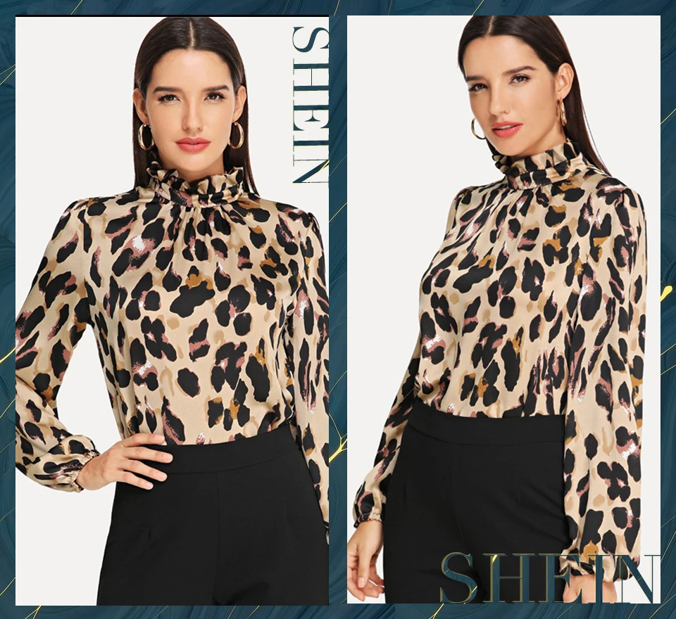 SHEIN Блузка С Леопардовым Принтом И Длинным Рукавом, Офисная Блуза С Принтом, Стильная Блузка С Воротником