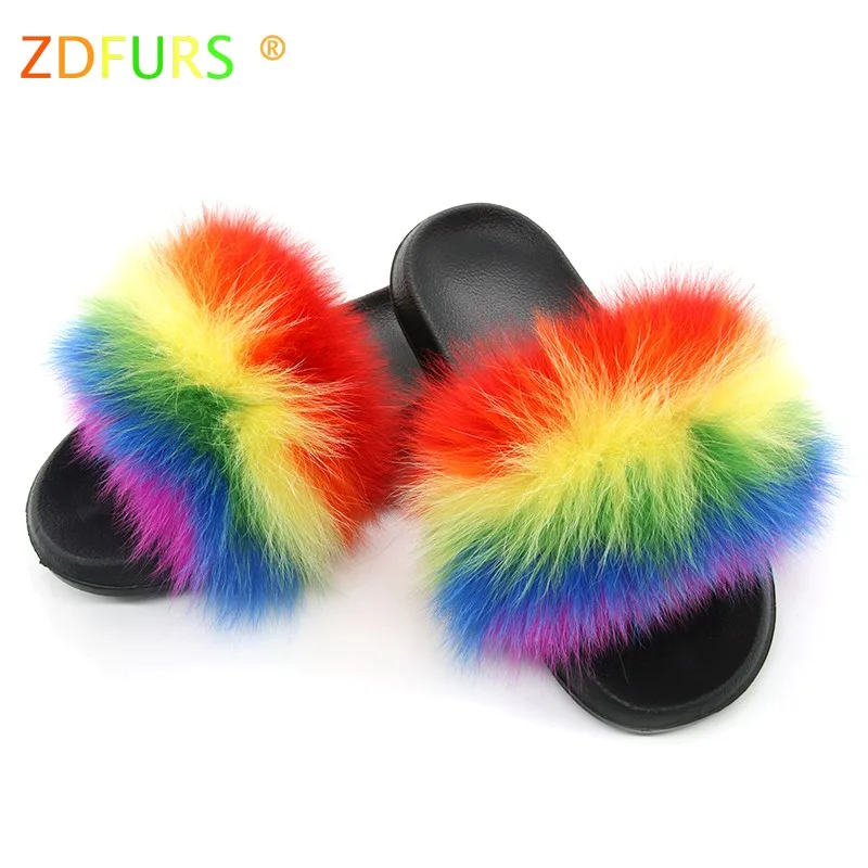ZDFURS/; Лидер продаж; женские шлепанцы с лисьим мехом; Разноцветные Летние модные шлепанцы; женские меховые домашние Вьетнамки; пляжные сандалии