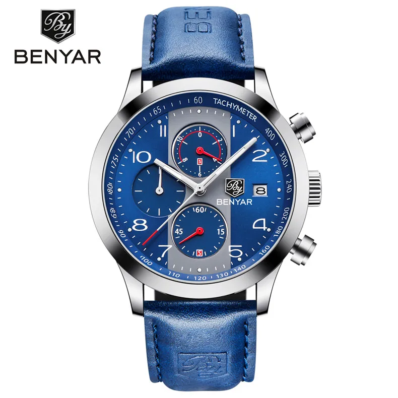 leather blue B BENYAR спортивные мужские часы кварцевые наручные часы из нержавеющей стали водонепроницаемые наручные армейские военные часы мужские Relogio Masculino Hodinky - Цвет: leather blue B