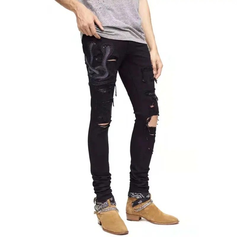 Американский уличный стиль модные мужские джинсы Slim Fit змея вышивка панк рваные джинсы для мужчин брендовая Дизайнерская обувь уличная хип хоп