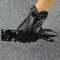 high quality leather female fashion winter warm black bow cycling gloves women driving touch phone screen glove mittens b7