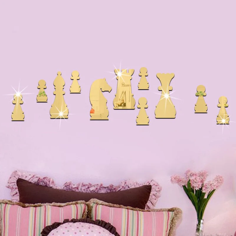 Настенная Наклейка 3D зеркальный эффект шахматная форма фоновое украшение для