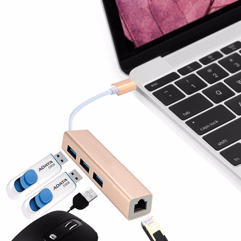Высокоскоростной сетевой адаптер с Type C на гигабитный Ethernet LAN RJ45 3 порта USB 0 для