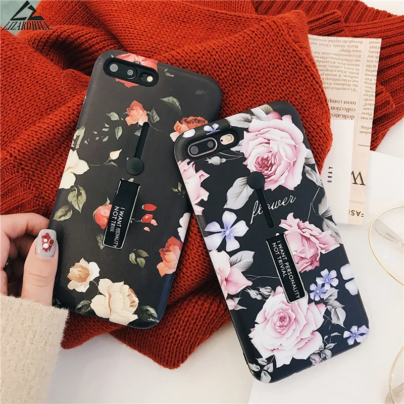 Lizardhill Fashion flowers phone cases for iphone x case 6 6s 7 8 plus coque fundas floral with ring holder kickstand |