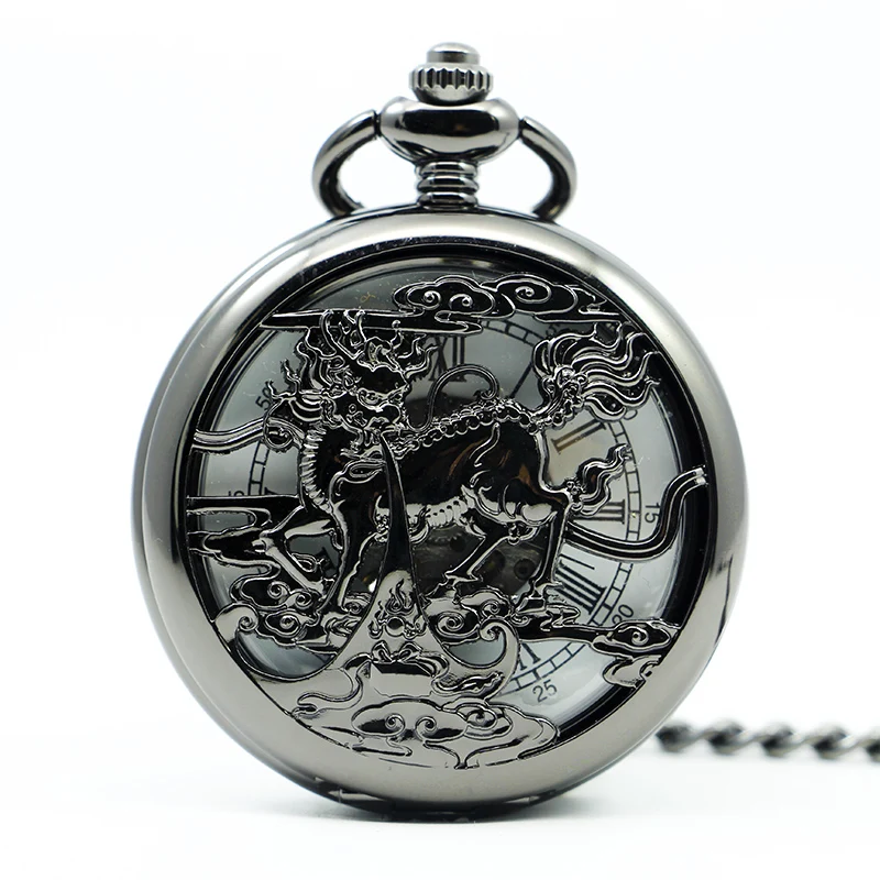 Black Beast Kylin Skull Handmade Mechanical Pocket Watch Vintage Pendant Necklace Bracelet Steampunk Clock Gift