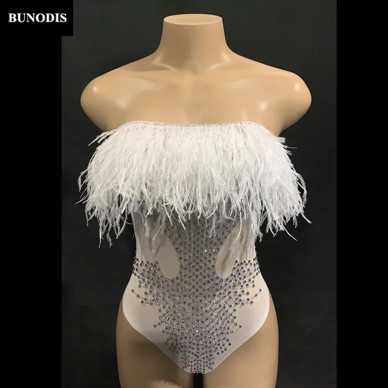 ZD460 Women Sexy Net Yarn White Tassel Bodysuit Sparkling Crystals Jumpsuit Nightclub Party Stage Wear Dancer Singer Bling