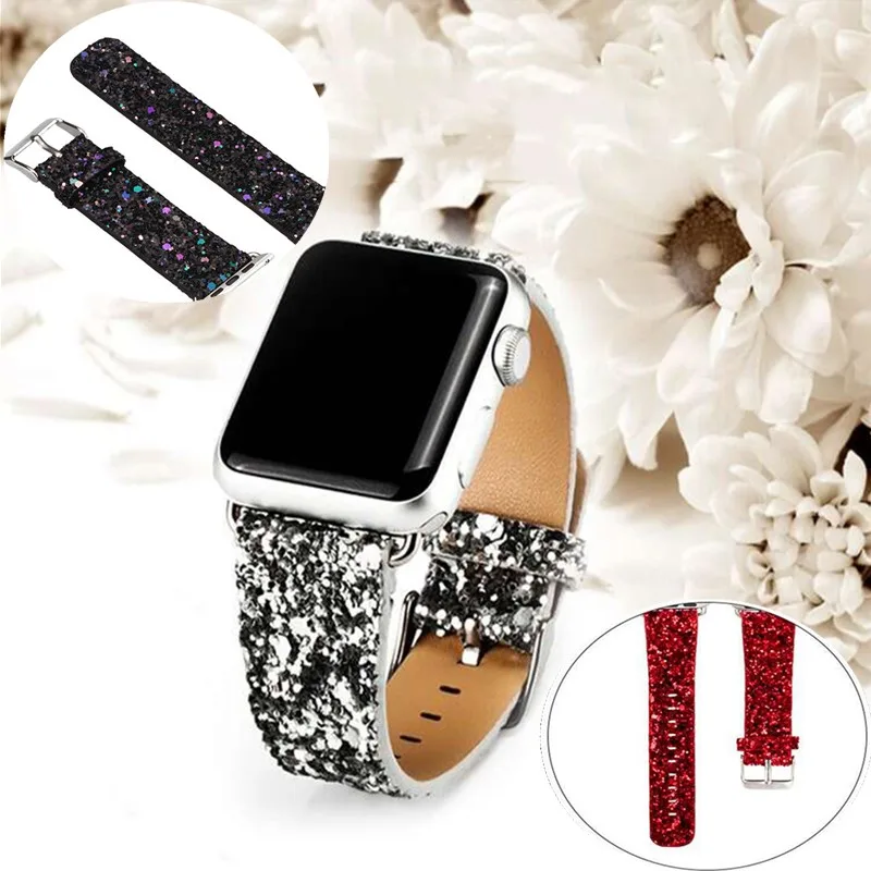 Глянцевая искусственная кожа ремешок для наручных часов Apple Watch, версии 44/42/40/38 мм Рождество Блестящий Браслет замена наручные часы для наручных часов iWatch, 4/3/2/1