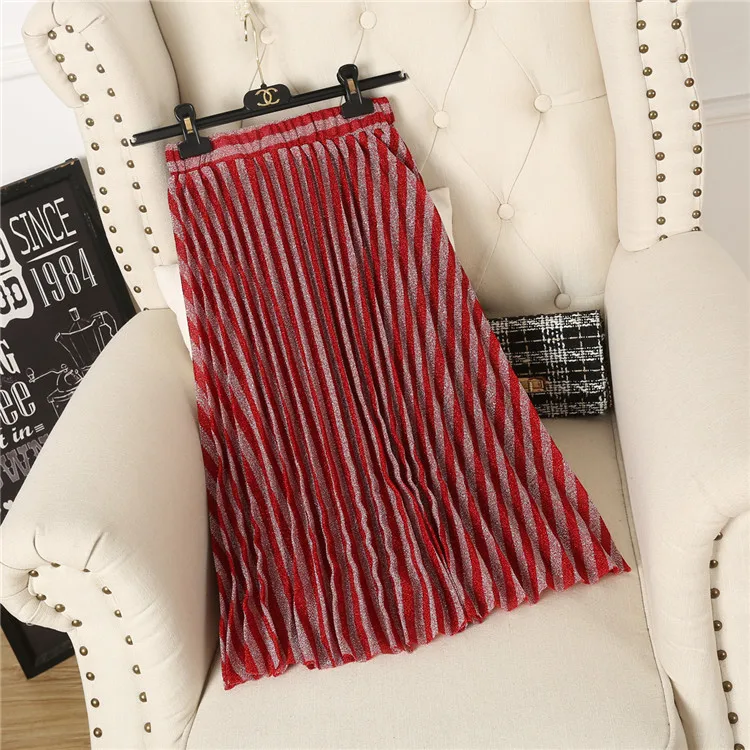 Модная дизайнерская Женская Блестящая плиссированная юбка в полоску с блестками