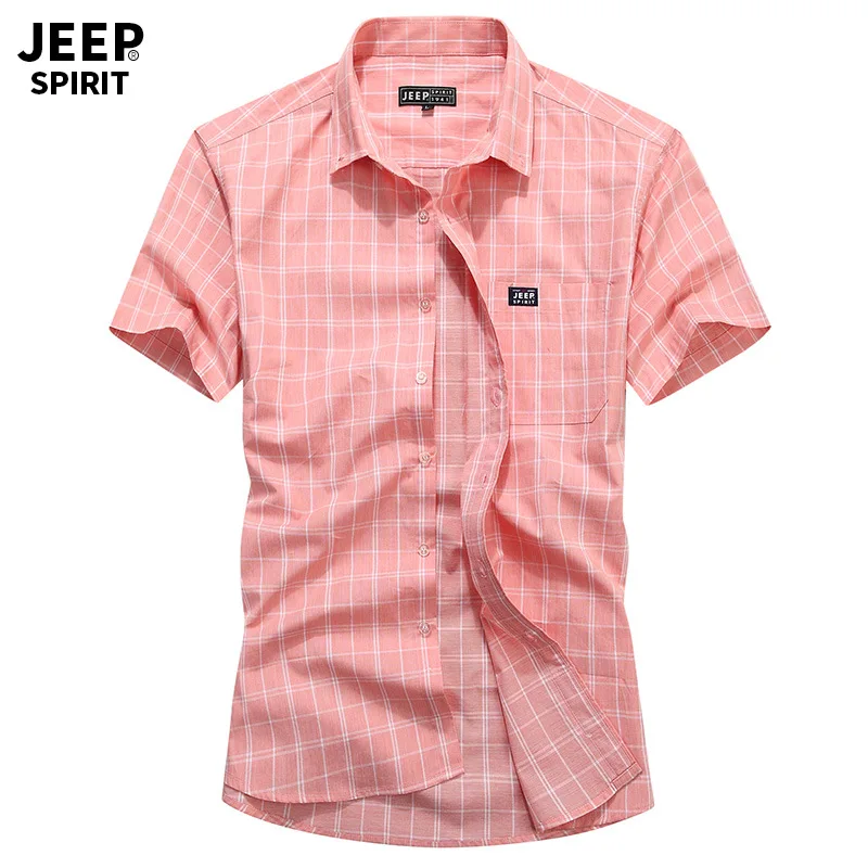 Бренд JEEP SPIRIT, Повседневная летняя Клетчатая рубашка для мужчин, хлопок, дышащие мужские рубашки размера плюс M-4XL, короткий рукав, отложной воротник