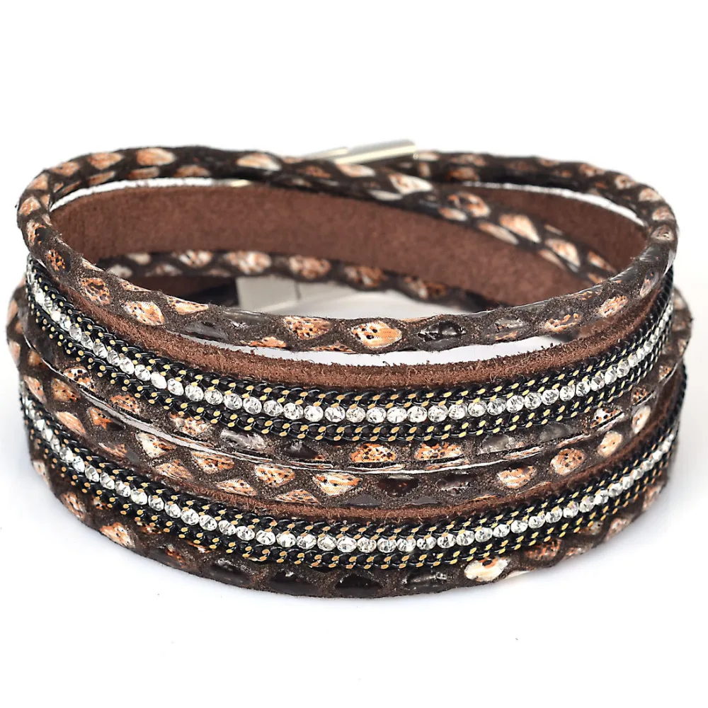 Женский браслет из змеиной кожи с двойной застежкой и кристаллами | Украшения