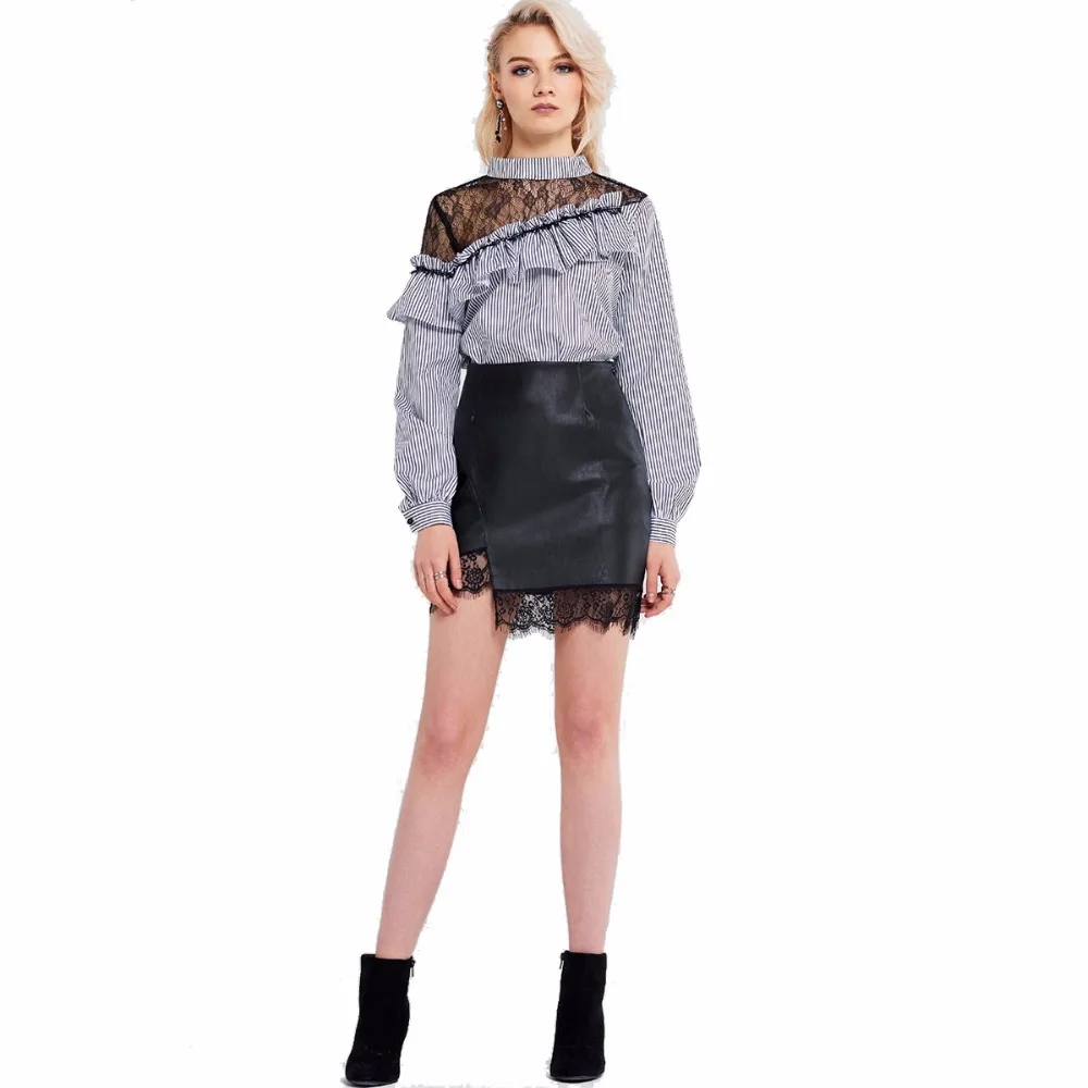 Darcydebie 2018 Women Sweet OL wind asymmetric inclined shoulder lace stitching perspective flounce shirt Lace Patchwork Blouse |