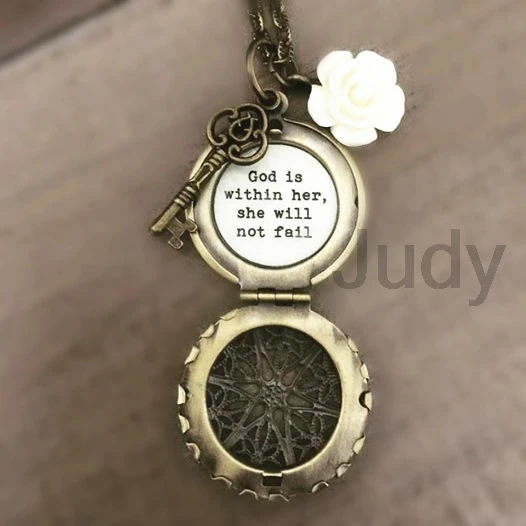 

12pcs/lot God is within her she will not fail Necklace locket brass key ivory rose