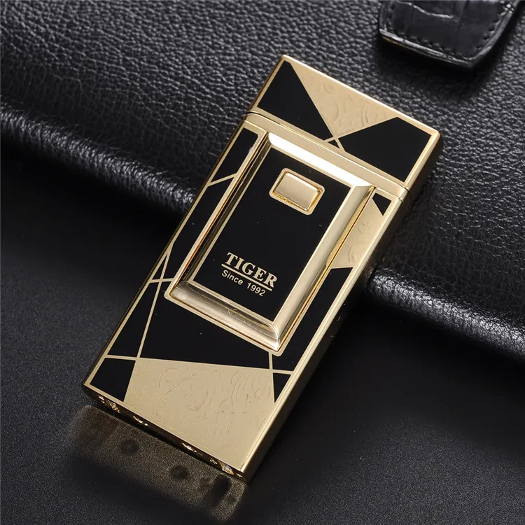 ONUOSS электронная сигарета USB зажигалки Tiger двойная импульсная дуговая Зажигалка Ветрозащитная металлическая плазменная перезаряжаемая Зажигалка-фонарь - Цвет: Black