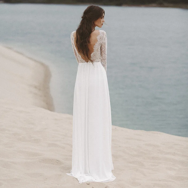 Простое шифоновое кружевное платье с v-образным вырезом Vestidos De Novia открытой
