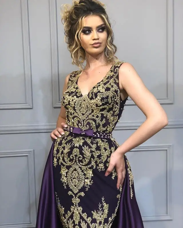 

Real Pictures Long Purple Lace Mermaid V Neck Arabic Evening Dress Kaftan Dubai Formal Evening Gowns with Detachable Skirt