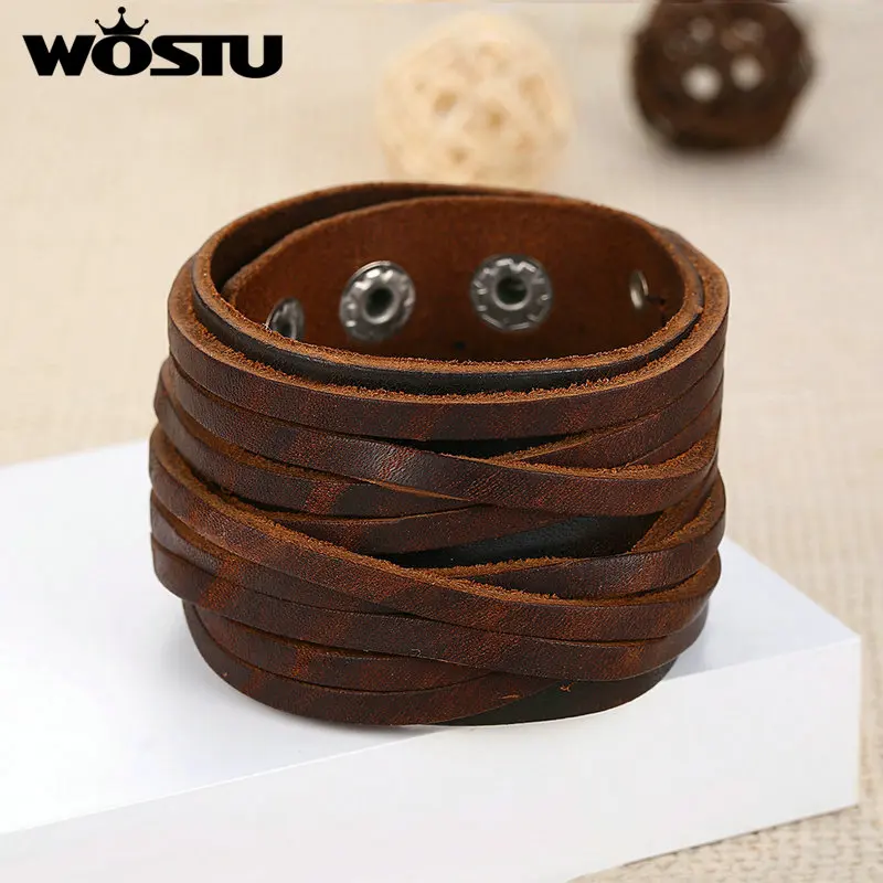 WOSTU хит продаж винтажный коричневый браслет из натуральной кожи браслеты для