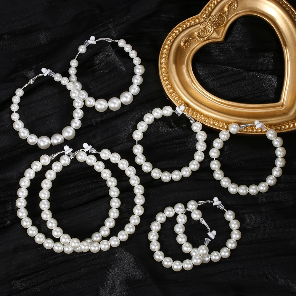 

1 Pair Elegant White Pearls Round Hoop Earrings No Pierced Ear Clip Women Exaggerates Oversize Pearl Circle Fashion Jewelry
