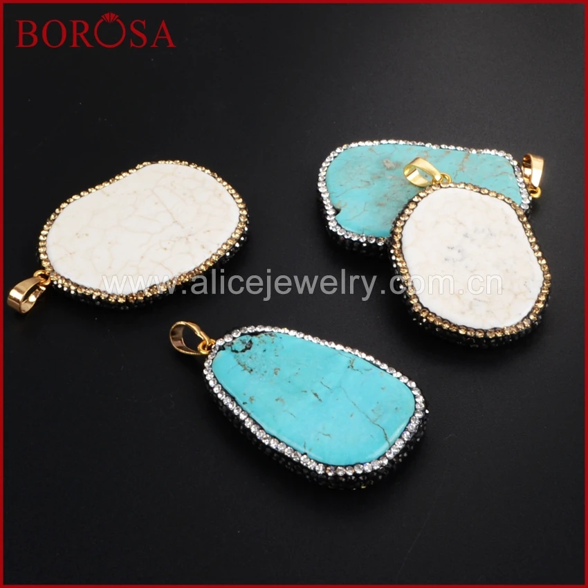 

BOROSA Rhinestone Pave Freedom Blue/White Natural Howlites Greenish Sky Blue Stone Charm for Fashion Jewelry JAB540