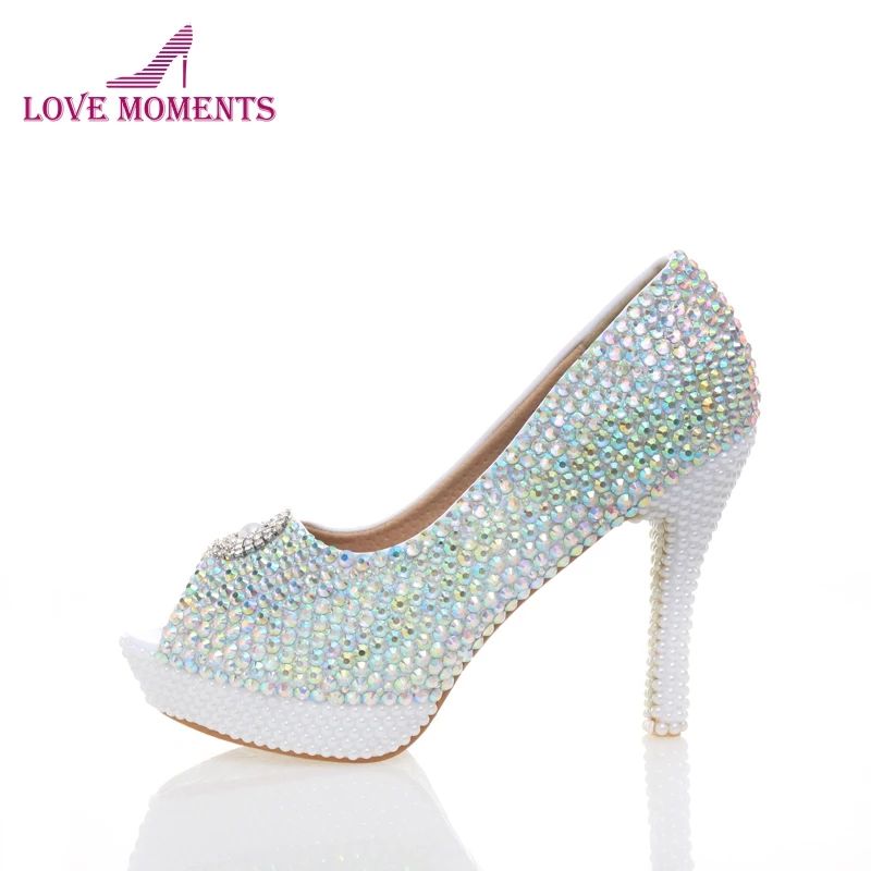 

Newest Designer Elegant AB Crystal Peep Toe Nightclub Rhinestone With White Pearls Bridal Wedding Shoes Handmade Stiletto