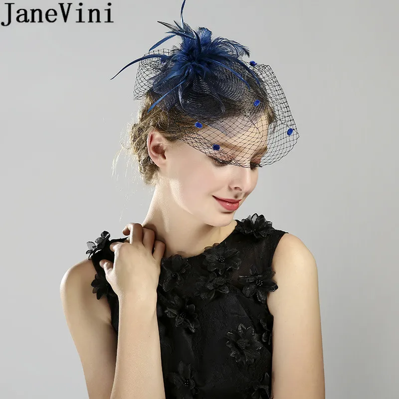 JaneVini Очаровательная свадебная шляпа с вуалью для лица, шпилька, винтажные Черные Свадебные шляпы для женщин, перья, вечерние аксессуары для волос, темно-синий цвет