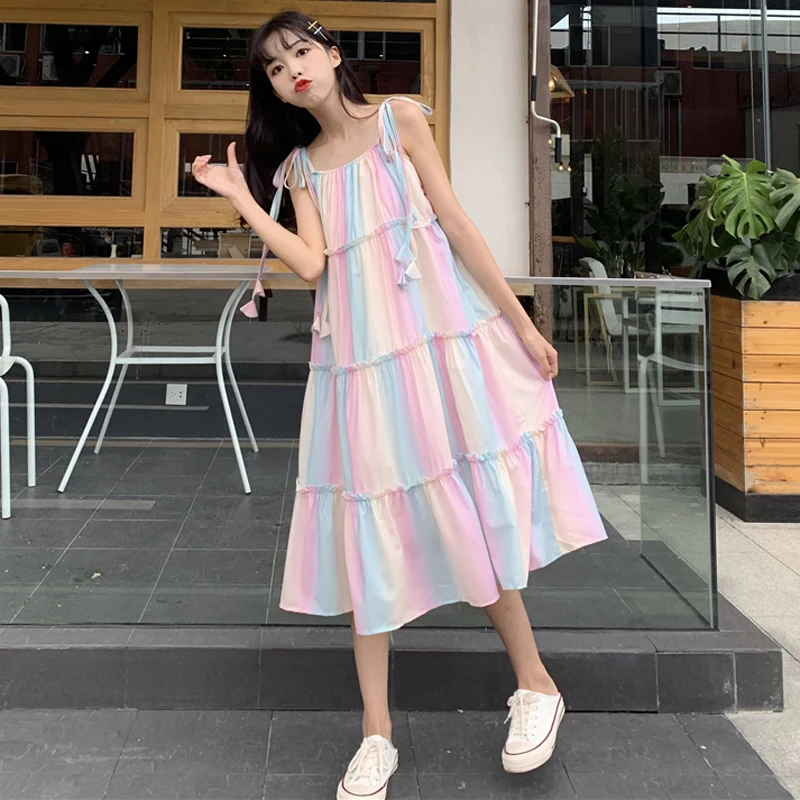 INS милое платье женская летняя Корейская стильная одежда модный бренд Спагетти