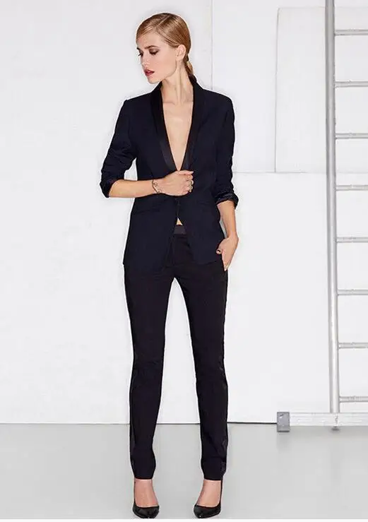Темно-синяя куртка черные брюки с лацканами комплекты из 2 предметов женские