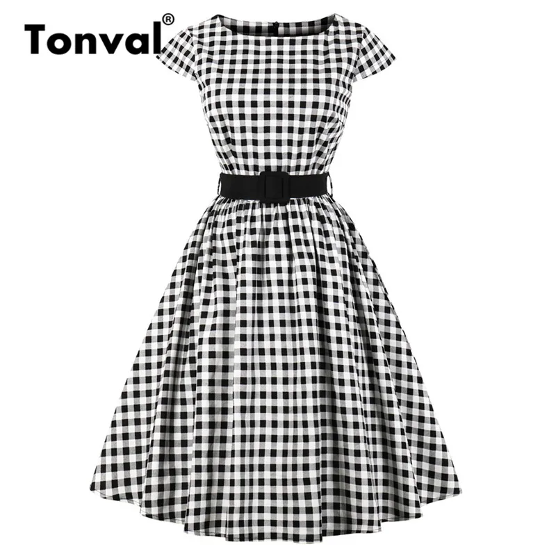 

Tonval Retro Rockabilly Plaid Tunic Dress Women Cap Sleeve 50S Vintage Gingham Dress Summer Belted Cotton Elegant Dresses