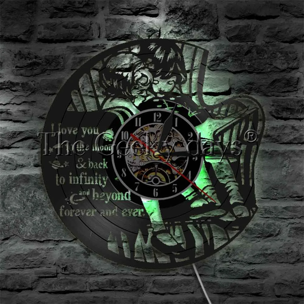  I Love You To The Moon LED Lighting Little Sister Brother Wall Art Gramophone Record Clock For Kid Room Decor | Дом и сад