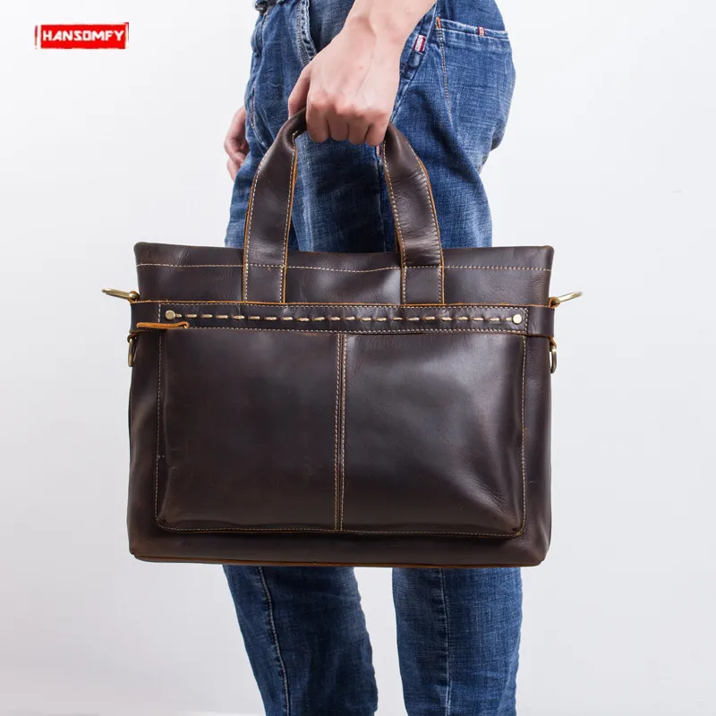 

Men's Briefcase Laptop Handbag Business Male Travel Shoulder Messenger Bags Retro 2022 Crazy Horse Leather First Layer Leather