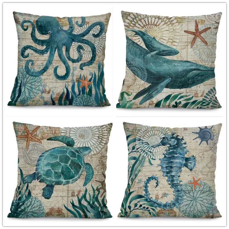 

Sea Turtle Printed Cotton Linen Cushion Cover Marine Ocean Sea Horse Home Decor Pillowcase Octopus Sofa Cushion Case