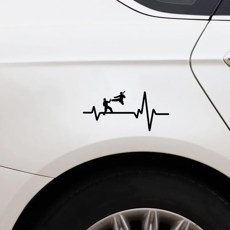 YJZT 16.8CM*7.9CM KARATE Uniform Jump Kick Girl Heartbeat Vinyl Black/Silver Car Sticker C22-1218 | Автомобили и мотоциклы