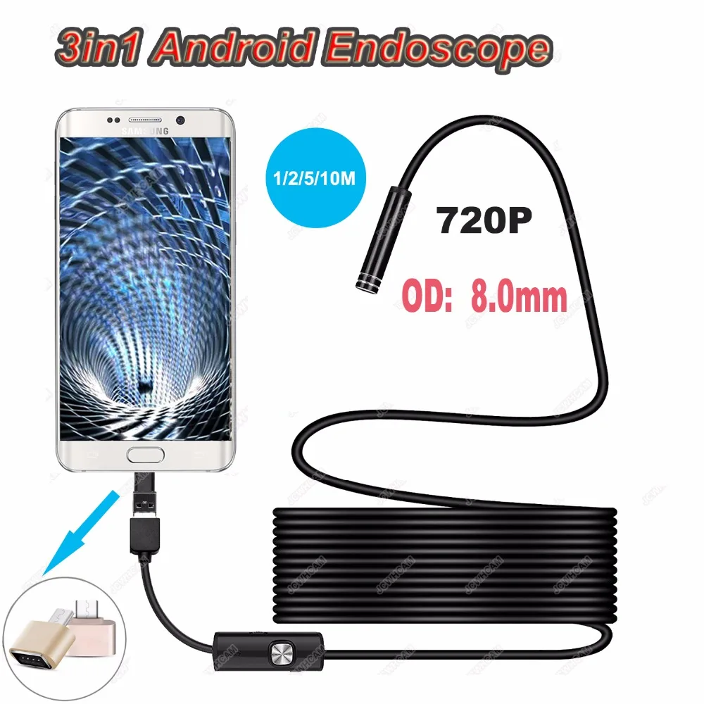 

New 3in1 8MM Type-C Android Endoscope Camera 720P HD 1/3/5/7/10M Flexible Cable Snake Inspection Borescope Tube For PC Phone