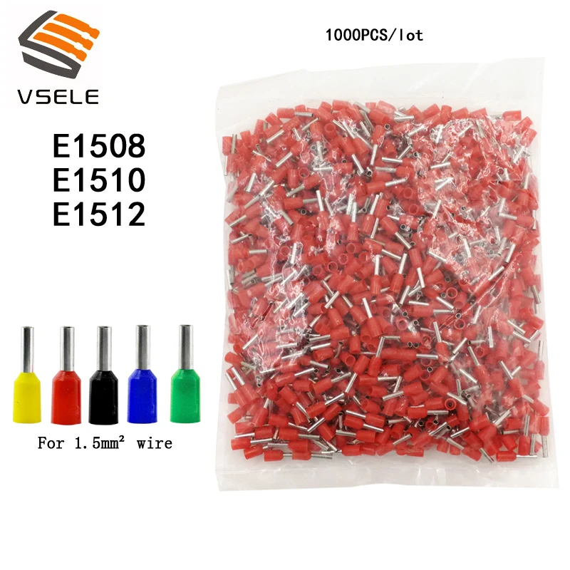 1000 шт./лот E1508/10/12 1.5mm2 трубки Изоляционные клеммы изолированные провода кабеля