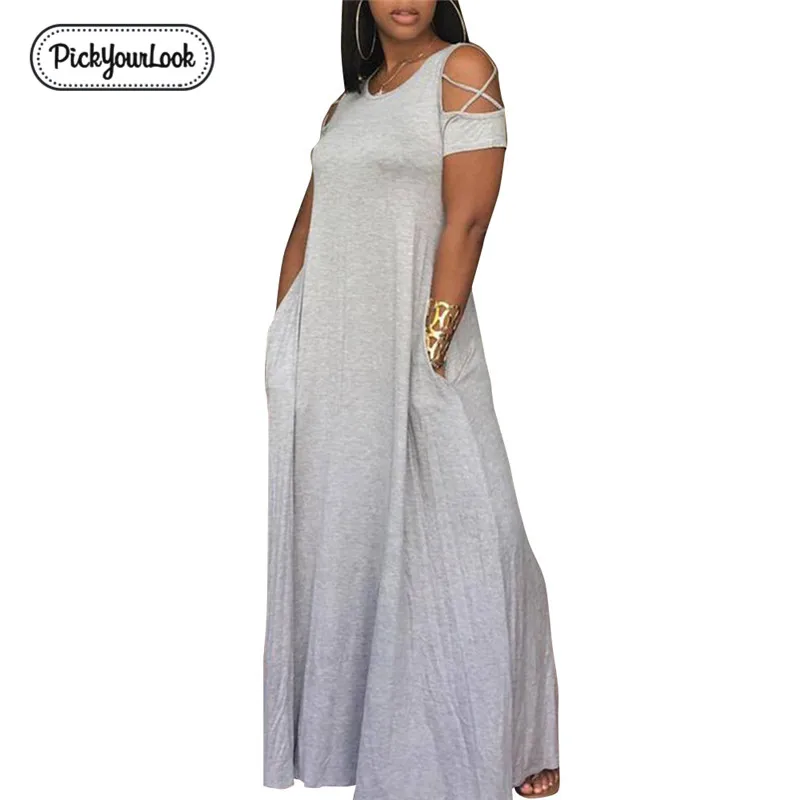 

Maxi Dress Women Plus Size Summer Short Sleeve Solid Gray Hollow Out Female Dress Loose Large Size Pocket Casual Ladies Dresses