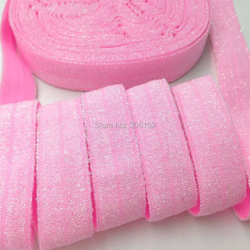 

5/8" Pink Metallic Fold Over Elastic Candy Pink Metallic FOE Glitter Ribbon for DIY Headwear Hair Accessories 10yards/lot