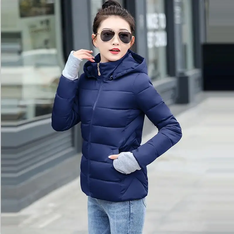 Hooded Navy blue Зимняя одежда, Женская Стеганая куртка,, осенняя и зимняя куртка, женская тонкая куртка с хлопковой подкладкой, теплая верхняя одежда, зимнее пальто для женщин - Цвет: Hooded Navy blue