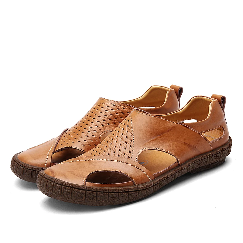 

Summer Men 's Casual Sandals Leather Baotou Beach Shoes British Leather Slip Sandals Male Sandals Slippers
