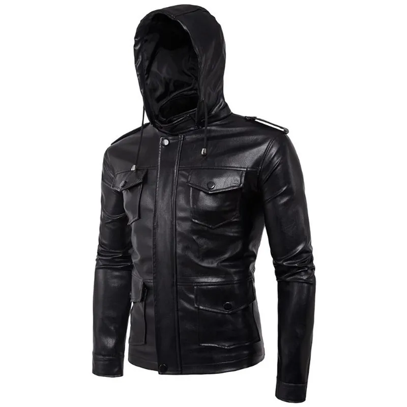 

new listing men leather jacket motorcycle solid color men jacket leather jacket Hooded coat